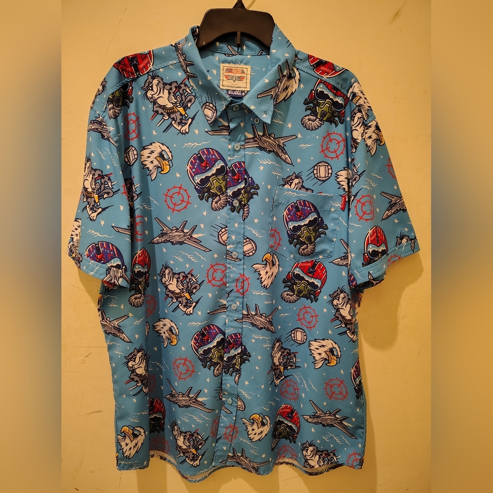 RSVLTS Blue Short Sleeve Button-Down Shirt with Pilot & Eagle Print